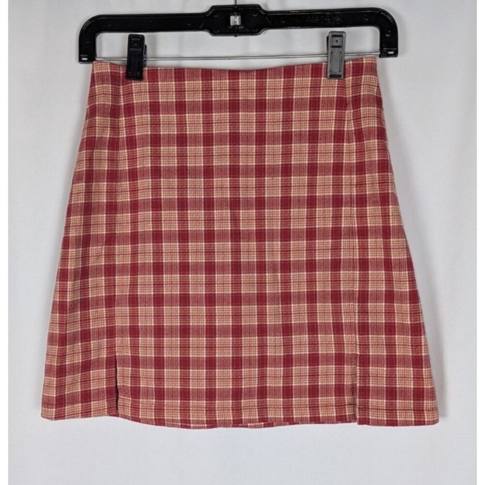 Brandy Melville John Galt Cara Red and Tan Plaid Dual Front Slit Mini Skirt OS